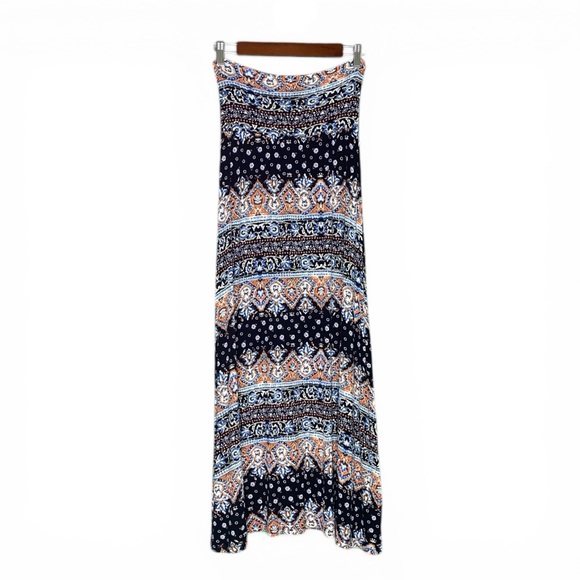 Dresses & Skirts - Boho Border Print Maxi Skirt Blue Orange Tribal Pattern Flowy Festival, Size M